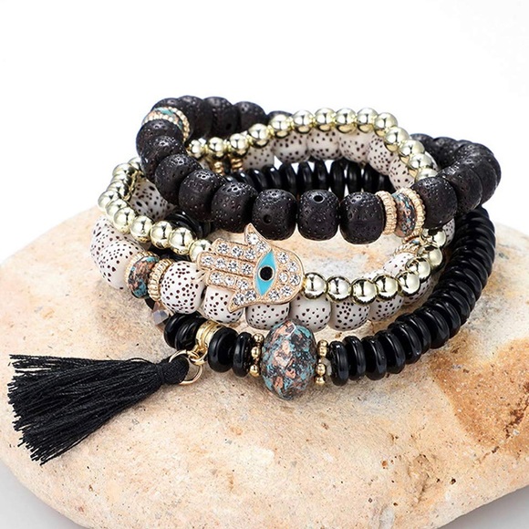 Black Beaded Evil Eye Stackable Stretch Bracelets - Picture 6 of 8